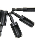 Top Shelf 8 Piece Carbon Steel Wood Plug Cutter Drill Bit Set With Tapered And Straight Heads Quick Swap 1/4 Inch Hex Shank, four drill bits.