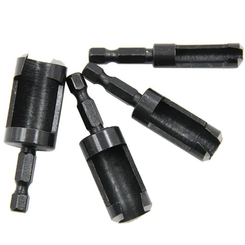 Top Shelf 8 Piece Carbon Steel Wood Plug Cutter Drill Bit Set With Tapered And Straight Heads Quick Swap 1/4 Inch Hex Shank, four drill bits.