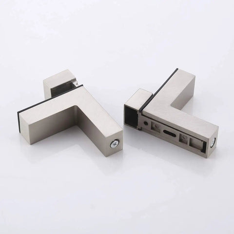 Brushed nickel brackets for 14 Inch Tempered Glass Bathroom Shelf with wall mount, showcasing sturdy hardware for secure installation.