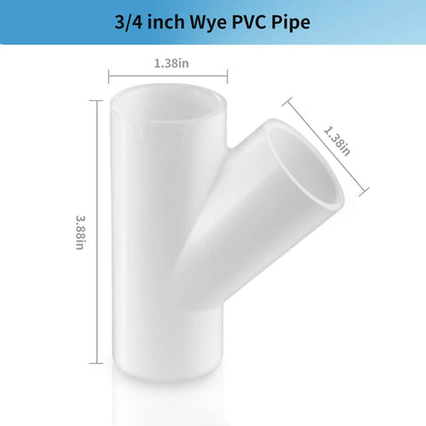 Three Quarter Inch PVC Wye 3 Way Pipe Fittings 10 Pack Socket To Socket To Socket Leak Free Easy Install, shown with dimensions