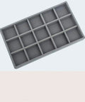 Compact Wooden Jewelry Organizer Tray With Soft Flocked Compartments To Store Your Studs And Rings Neatly Stacked For A Dope Tabletop Vanity Setup That Keeps Your Bling Completely Tidy. Gray tray with 15 compartments.