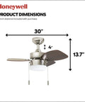 Ocean Breeze 30 Inch Ceiling Fan With Light Indoor LED, 3 Dual Finish Blades, Pull Chain, Satin Nickel And Light Oak Finishes dimensions