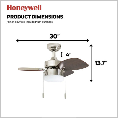 Ocean Breeze 30 Inch Ceiling Fan With Light Indoor LED, 3 Dual Finish Blades, Pull Chain, Satin Nickel And Light Oak Finishes dimensions