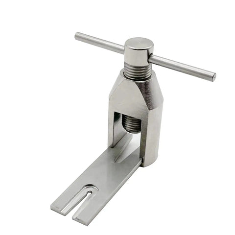 Close-up of a Pinion Gear Puller Kit For RC Motors And Pinion Removal in metal, showing the tool design with adjustable screw handle.
