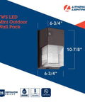 Outdoor LED Wall Pack Light With Dusk To Dawn Photocell, 5000K Daylight, 120-277V, Bronze Finish, dimensions displayed