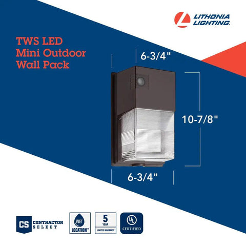 Outdoor LED Wall Pack Light With Dusk To Dawn Photocell, 5000K Daylight, 120-277V, Bronze Finish, dimensions displayed
