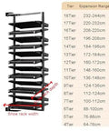 Slick Pull Out Shoe Rack With 16 Tier Metal Shelf Adjustable Stackable Closet Organizer Space Saving Entryway Storage Setup For Tight Rooms And Mudrooms with tier measurements.