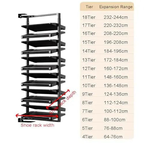 Slick Pull Out Shoe Rack With 16 Tier Metal Shelf Adjustable Stackable Closet Organizer Space Saving Entryway Storage Setup For Tight Rooms And Mudrooms with tier measurements.