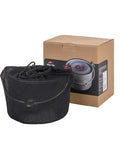 Ultralight Aluminum Hanging Camping Pot With Lid, 4.2 Quart Cookware in carry bag next to packaging box