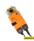 LM230AXSR Modulating Damper Actuator for HVAC Systems and Building Automation, orange design with electrical connectors.