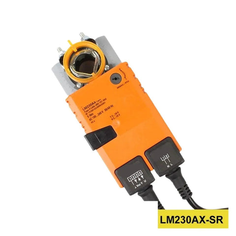 LM230AXSR Modulating Damper Actuator for HVAC Systems and Building Automation, orange design with electrical connectors.