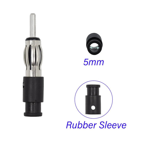 Universal DIN Plug Car Radio Adapter Kit showing 5mm plug with rubber sleeve for 50 Ohm coax RG58 RG174 cables.