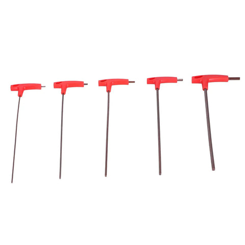Rock Solid 5 Piece T Handle Hex Wrench Set Made From Durable S2 Alloy Steel With Ergonomic Grip For Maximum Torque And Easy Mechanical Repair In Tight Spots Or DIY Projects Without Hand Strain Or Fatigue, five red handles
