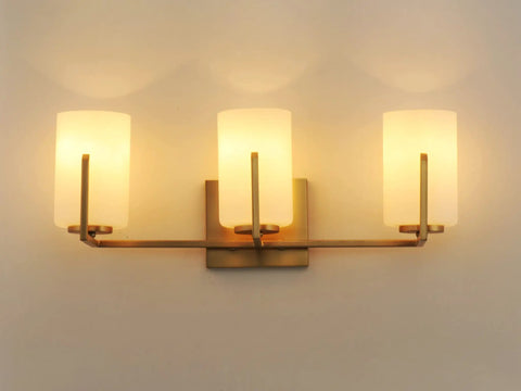 Dart 3 Light Bath Vanity Light Satin Brass Steel Finish Satin White Glass Shade Sleek Modern Indoor Light Fixture For Bathrooms And Powder Rooms Powder Room Lighting