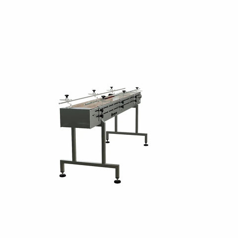 Heavy Duty 6 Foot Stainless Steel Conveyor Belt With Variable Speed Drive And 12 Inch Acetal Plastic Track For Fast Warehouse Moves in side view.