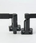 Heavy Duty Indexing Plunger M16 M20 With L Handle Flange Mount shown from the front, featuring a black steel body and lever for quick adjustments.