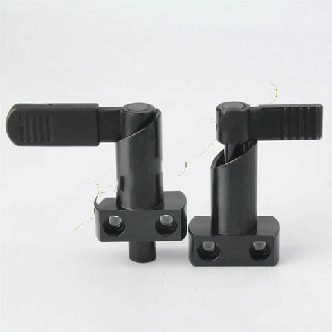 Heavy Duty Indexing Plunger M16 M20 With L Handle Flange Mount shown from the front, featuring a black steel body and lever for quick adjustments.