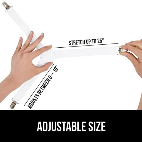 Hands adjusting Patented Bed Sheet Holders With Adjustable Elastic Straps And Metal Clips That Stay Put And Keep Fitted Sheets Locked In Place Night After Night Heavy Duty 4 Pack White US Designed To Fit Any Mattress