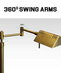Dimmable LED Pharmacy Floor Lamp With 12W LED Full Range Dimming 360 Degree Swing Arms Adjustable Height Standing Lamp For Reading Sewing And Craft ETL Listed Antique Brass Gold Finish showing 360 degree swing arms detail