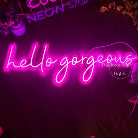 USB Powered Acrylic Wall Light For Home Decor Vibe, LED Panel, 'Hello Gorgeous' pink neon sign, 45cm By 21cm, energy saving.