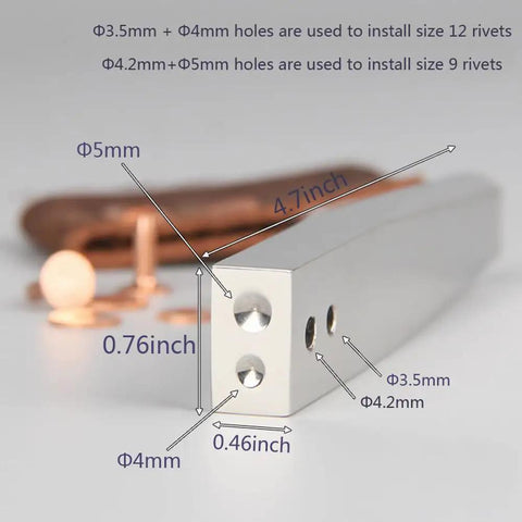 Copper Rivet Setter Tool 2 In 1 For Leatherworking Stainless Steel Burr Setter with dimensions for Size 9 and 12 rivets.