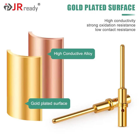 Ultimate JRready Deutsch DTM Connector Pins And Sockets Kit Size 20 Gold Plated Solid Contacts showing gold plated connections and conductive alloy.