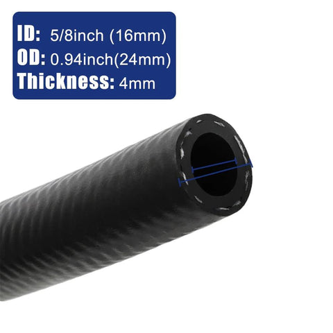 Black 5/8-inch ID automotive transmission hose, 10 ft long, 0.94-inch OD, 4 mm wall, includes 10 clamps.