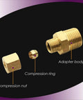 Brass ice maker water line fitting set, 3/8 NPT to 1/4 compression, 5-pack; exploded view with nut, ring, adapter