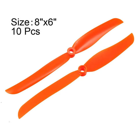 Orange 8 By 6 Inch RC Propellers Two Vane Fixed Wing For Airplanes Nylon Durable With Adapter Rings 10 Pack CW Propellers