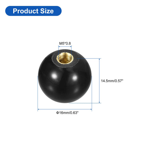 2 Pack M5 Threaded Ball Knobs 16mm Diameter Thermoset With Copper Insert For Machine Lever Handles Black Two Piece Set