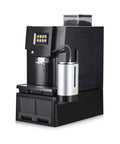 Fully Automatic Espresso Coffee Machine With Built In Grinder And Brewer Dual Bean Or Powder Mode For Lattes And Cappuccinos Auto Clean System sleek black design with milk frother and bean container.