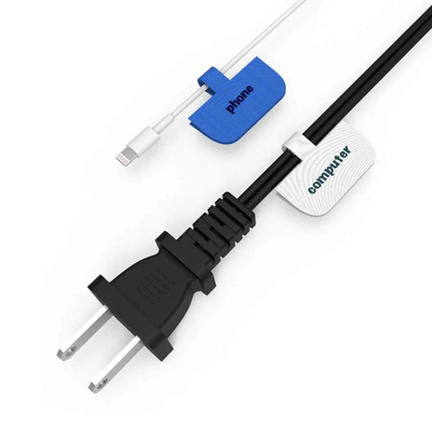 Large Write On Cable Labels Set For Home And Office, Cord Labels shown on blue and white cords with hook-and-loop closure, 20 pcs, quick identification