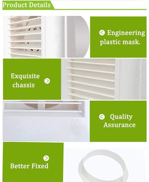 Straight Up 4 Inch Window Exhaust Fan Low Noise Industrial Ventilation Extractor showcasing engineering plastic mask and chassis details.