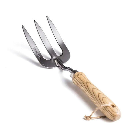 Ergonomic Stainless Steel Hand Fork for Gardening, Rugged Cultivator Tool With Polished Finish, wood handle, easy to clean.
