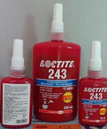 Front view of 250 mL Loctite 243 Blue Medium Strength Threadlocker for Metal Nuts and Bolts, vibration loosening prevention.