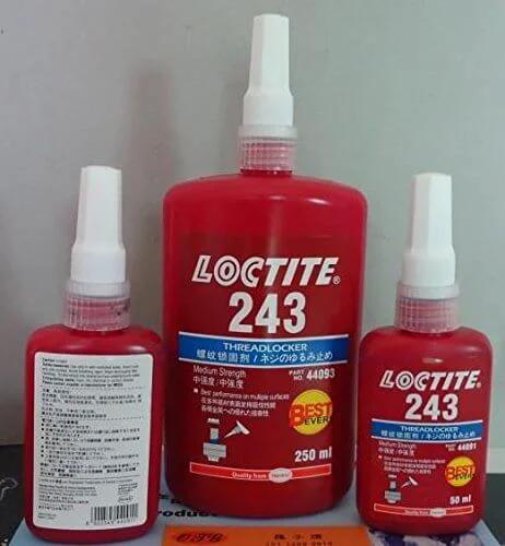 Front view of 250 mL Loctite 243 Blue Medium Strength Threadlocker for Metal Nuts and Bolts, vibration loosening prevention.
