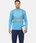 Heavy Duty Class Three High Visibility Long Sleeve Safety Shirt Loaded With Ansi Certified Reflective Tape Built Hella Tough For Your Daily Job Site Grind, blue mesh fabric.