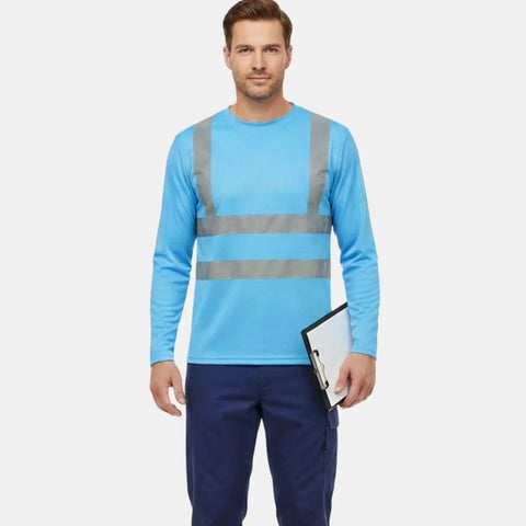 Heavy Duty Class Three High Visibility Long Sleeve Safety Shirt Loaded With Ansi Certified Reflective Tape Built Hella Tough For Your Daily Job Site Grind, blue mesh fabric.