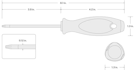 Torx T10 Screwdriver With 4 Inch Shank Quick Turn Round Front Handle And Tri Lobe Grip for high torque work with dimensions