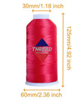 Red Polyester Machine Embroidery Thread 120D/2, 5,000M Per Spool shown with dimensions for Pros and DIY Crafters