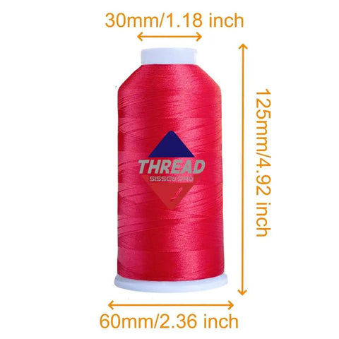 Red Polyester Machine Embroidery Thread 120D/2, 5,000M Per Spool shown with dimensions for Pros and DIY Crafters
