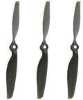 7x4 Slow-Fly Drone Propellers, 7 Inch Replacement Prop Set For Quads, 3 Pack, laid out in a row, made of durable plastic.
