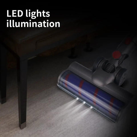 Dyson Hardwood Floor Attachment With Replacement Soft Roller Brush And LED Headlights illuminating dark corner