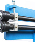 Close-up of Manual Sheet Metal Bead Roller Machine With 6 Dies Set 1.2mm, showing rollers and blue support frame.