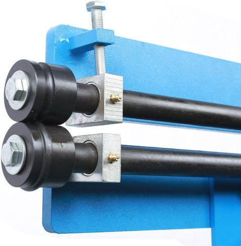 Close-up of Manual Sheet Metal Bead Roller Machine With 6 Dies Set 1.2mm, showing rollers and blue support frame.