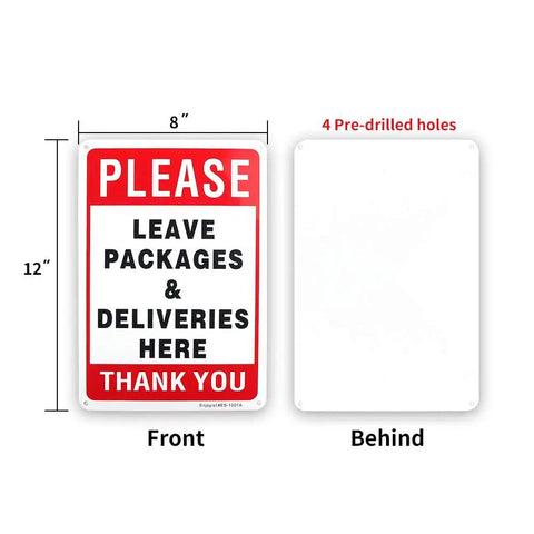 Leave Your Packages Here Heavy Duty Aluminum Front Porch Drop Off Sign 12X8 Inches, red and black graphic, weatherproof.