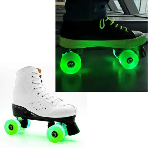 Lit Up Quad Roller Skate Wheels With ABEC Nine Bearings 32mm By 58mm Durable Durathane glowing green for indoor outdoor skating