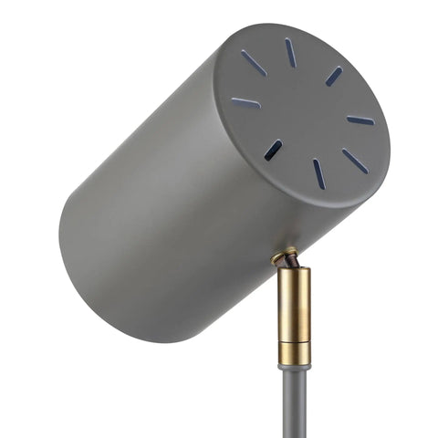 Close-up of 2 Light Desk Lamp Set in Matte Black With Matte Brass Accents, showing a sleek modern lamp head with brass pivot joint.