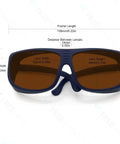 Heavy Duty Laser Safety Glasses Bring Top Shelf OD Four Plus Protection Shields Your Eyes From Blue Green Violet And Red Laser Beams front view with measurements