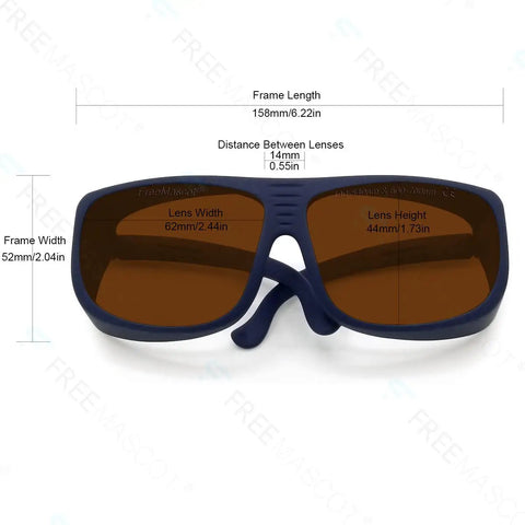 Heavy Duty Laser Safety Glasses Bring Top Shelf OD Four Plus Protection Shields Your Eyes From Blue Green Violet And Red Laser Beams front view with measurements
